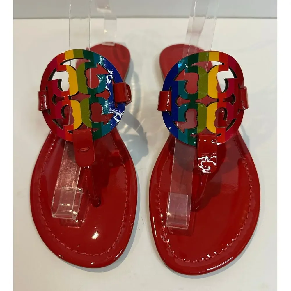 Tory Burch Miller Limited Edition Rainbow Leather Sandals Sz 9.5 Red Logo Sandal